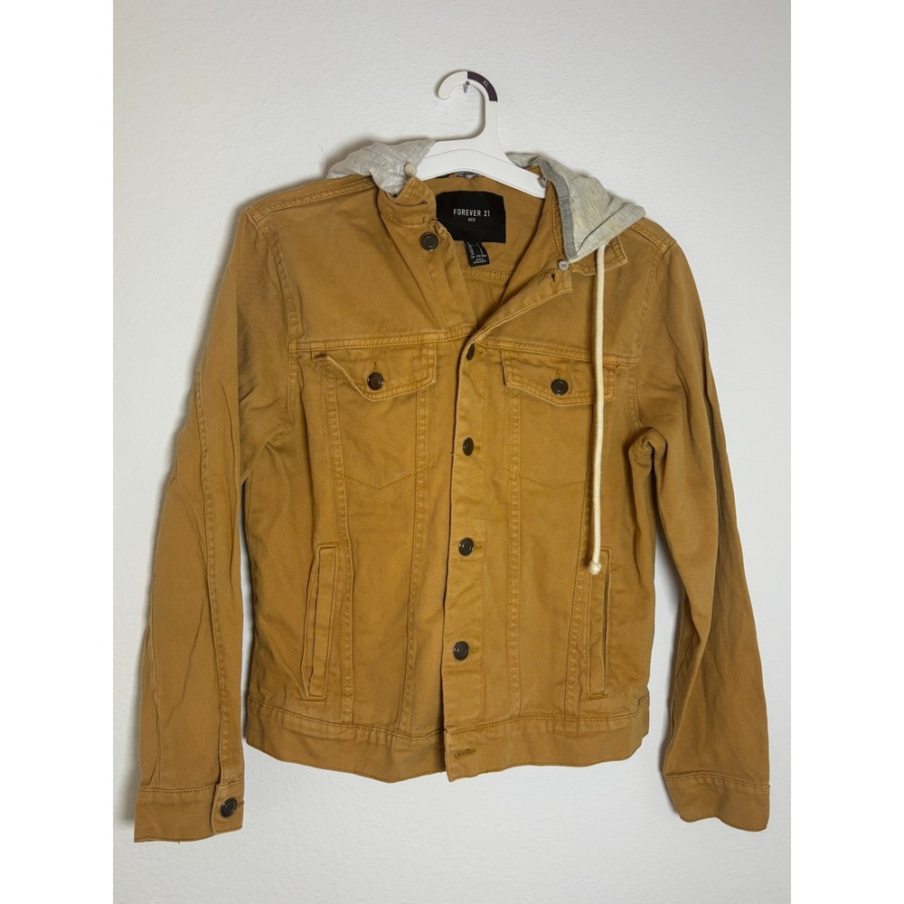 Forever 21 Men Mustard Tan Canvas Trucker Jacket with Grey Jersey Hood Small